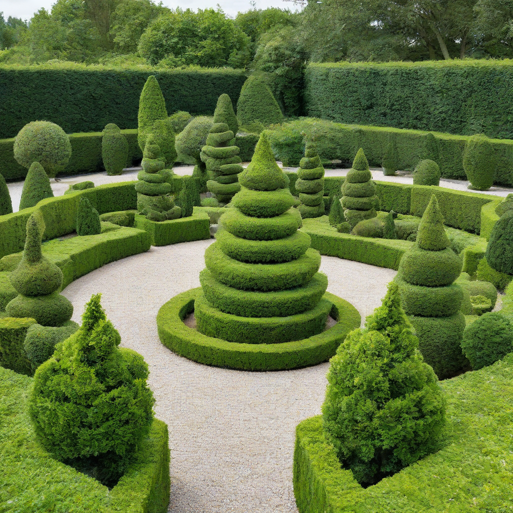 Sculptural garden with beautiful topiaries, full-body view, on a plain white background