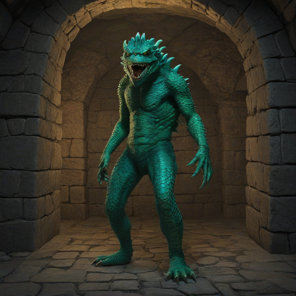 a large, green, scaly monster with sharp teeth and glowing eyes, standing in a dimly lit basement with stone walls and a low ceiling, full-body view, wide shot, feet visible, in a digital art style with bold lines and vibrant colors
