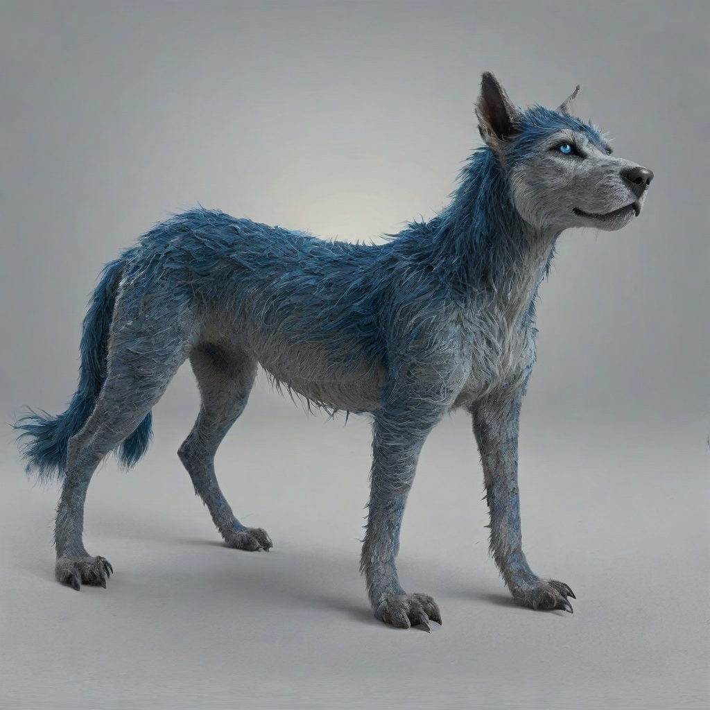 A full-body view of a quadruped, with a steel blue fur, in a fantasy setting, with intricate details and textures, on a plain white background, with a wide-angle shot, and dynamic shadows, on a plain white background, even lighting