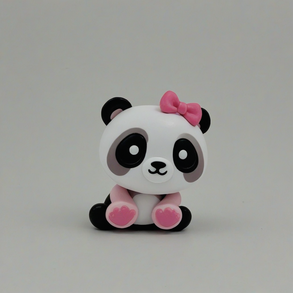 chibi style panda bear with a pink bow, on a plain white background, even lighting