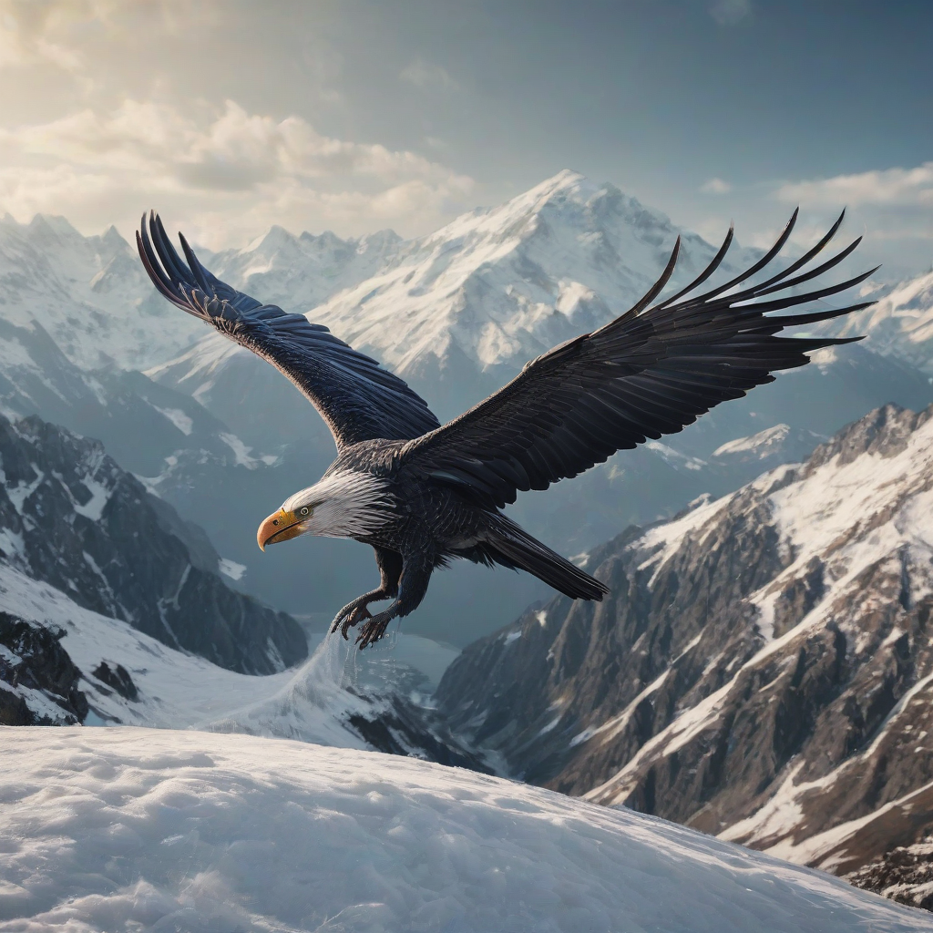 Photo realistic style of a mythical bird flying over snowy capped mountains