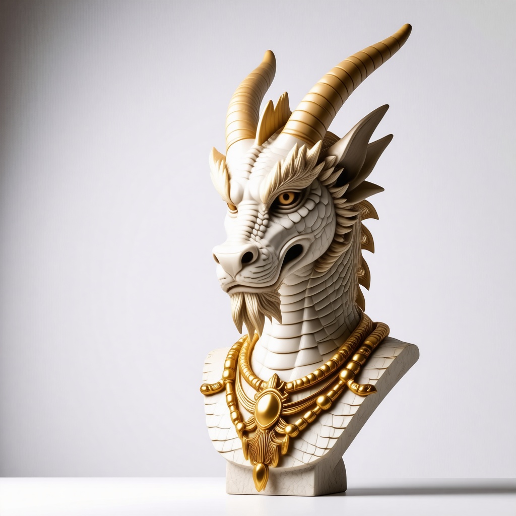 Greek style statue bust of a dragon head with long horns and a lot of golden jewelry