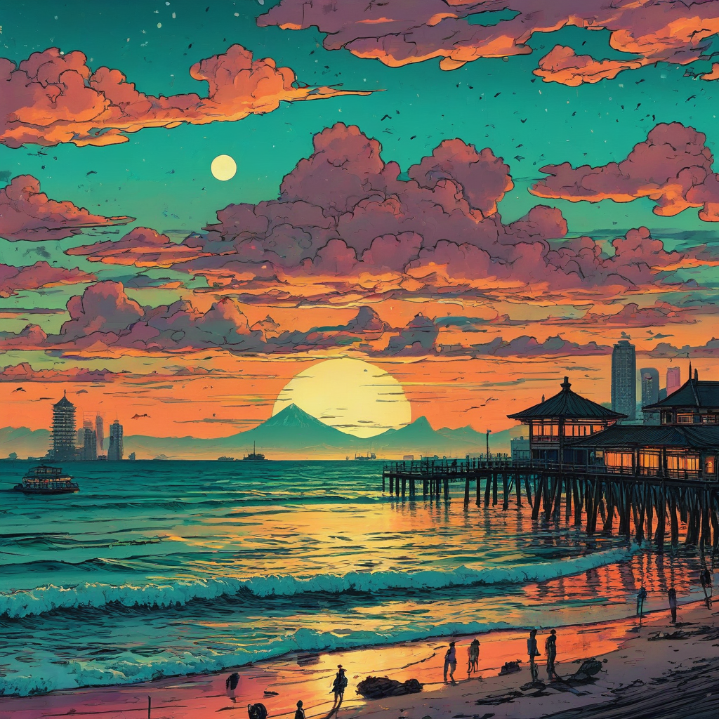 Vintage Synthwave Ukiyo-e sunset over calm turquoise ocean, distressed neon green and neon orange clouds, old water city in distance, beachfront pier with old lanterns