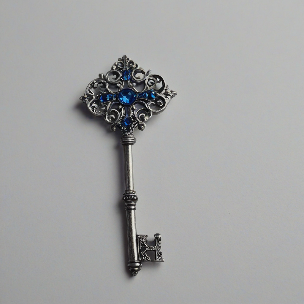A highly detailed, blue, ornate key in a full-body view, with intricate Rococo designs, set against a plain white background, with soft, warm lighting and a slight sheen to the metal, in the style of 18th century French craftsmanship, on a plain white background, even lighting 
