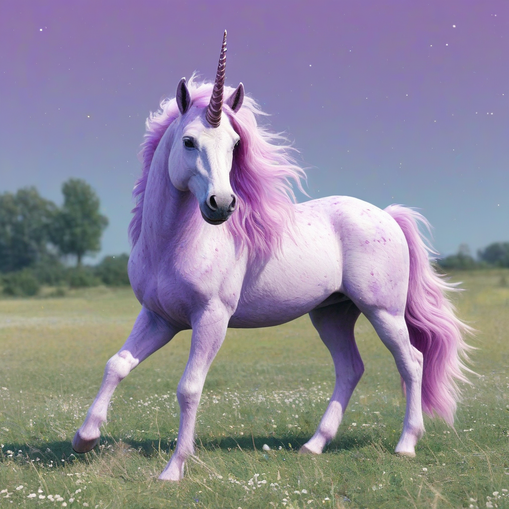 A majestic, full-body view of a purple unicorn with a  fluffy coat and a sparkling horn, in a field, in a digital art style with vibrant, pastel colors and dynamic lighting, on a plain white background, even lighting
