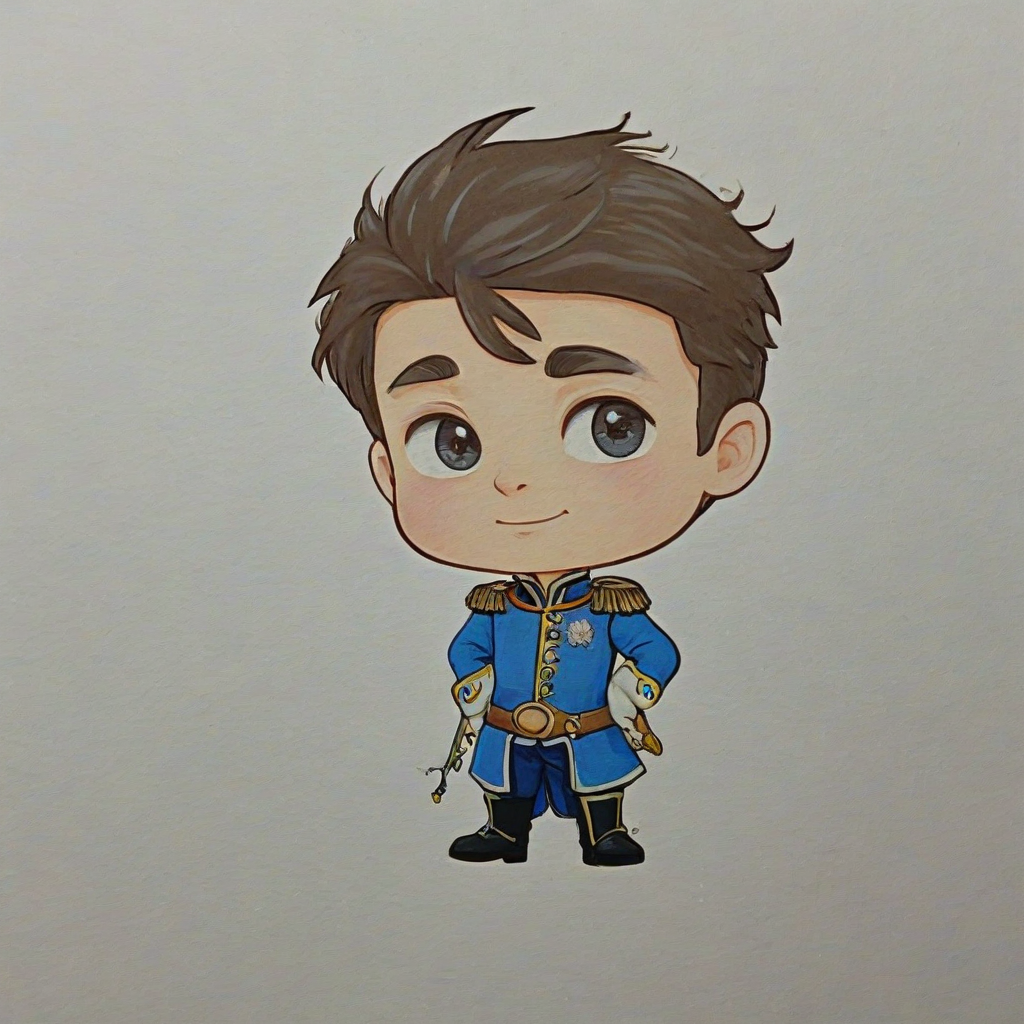 Chibi hand-drawn, Prince Charming, on a plain white background, even lighting