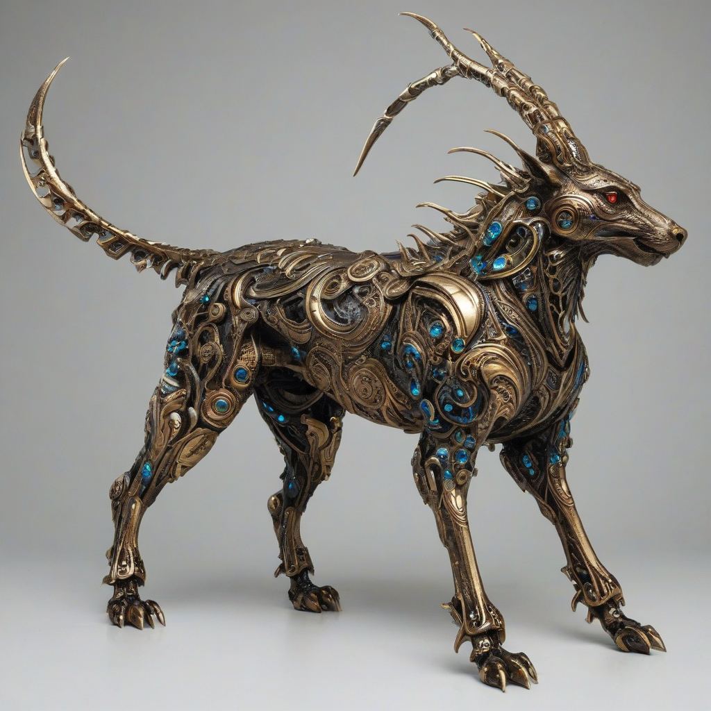 A majestic quadruped, fully rendered in a bronze metallic finish, with intricate details and textures, in a wide shot, full-body view, with visible feet, set against a plain white background, in a concept art style, with bold lines and vibrant colors, and a sense of dynamic movement, on a plain white background, even lighting