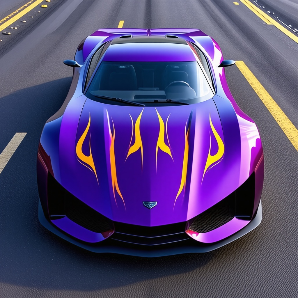 a sleek, futuristic purple car with orange flames painted on the hood