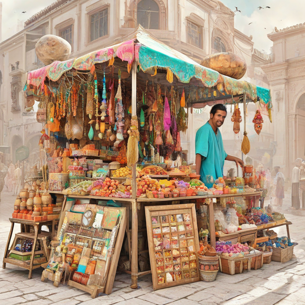 A fantasy street vendor, Mint, with a colorful array of exotic goods on display, set against a plain white background, in a wide shot with feet visible, with a warm and inviting lighting, in the style of a digital illustration, with intricate details and textures, and a sense of bustling market activity in the background, on a plain white background, even lighting 