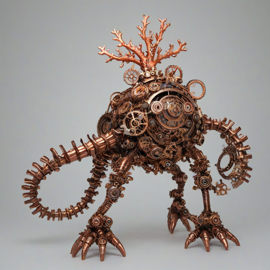 Steampunk coral monster, full-body view, on a plain white background, intricate gears and copper details