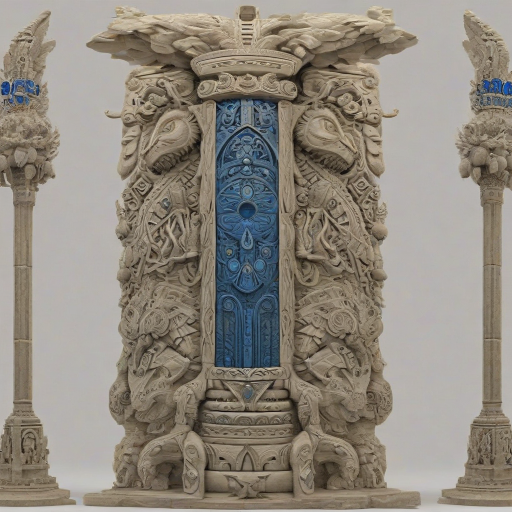 A majestic totem pole, carved with intricate medieval-inspired designs, set against a plain white background, with the entire pole visible from top to bottom, in a wide shot, with a sapphire blue hue dominating the color palette, and a sense of mysticism and ancient wisdom emanating from it, in a digital art style with subtle texture and depth, full-body view, feet visible, on a plain white background, on a plain white background, even lighting