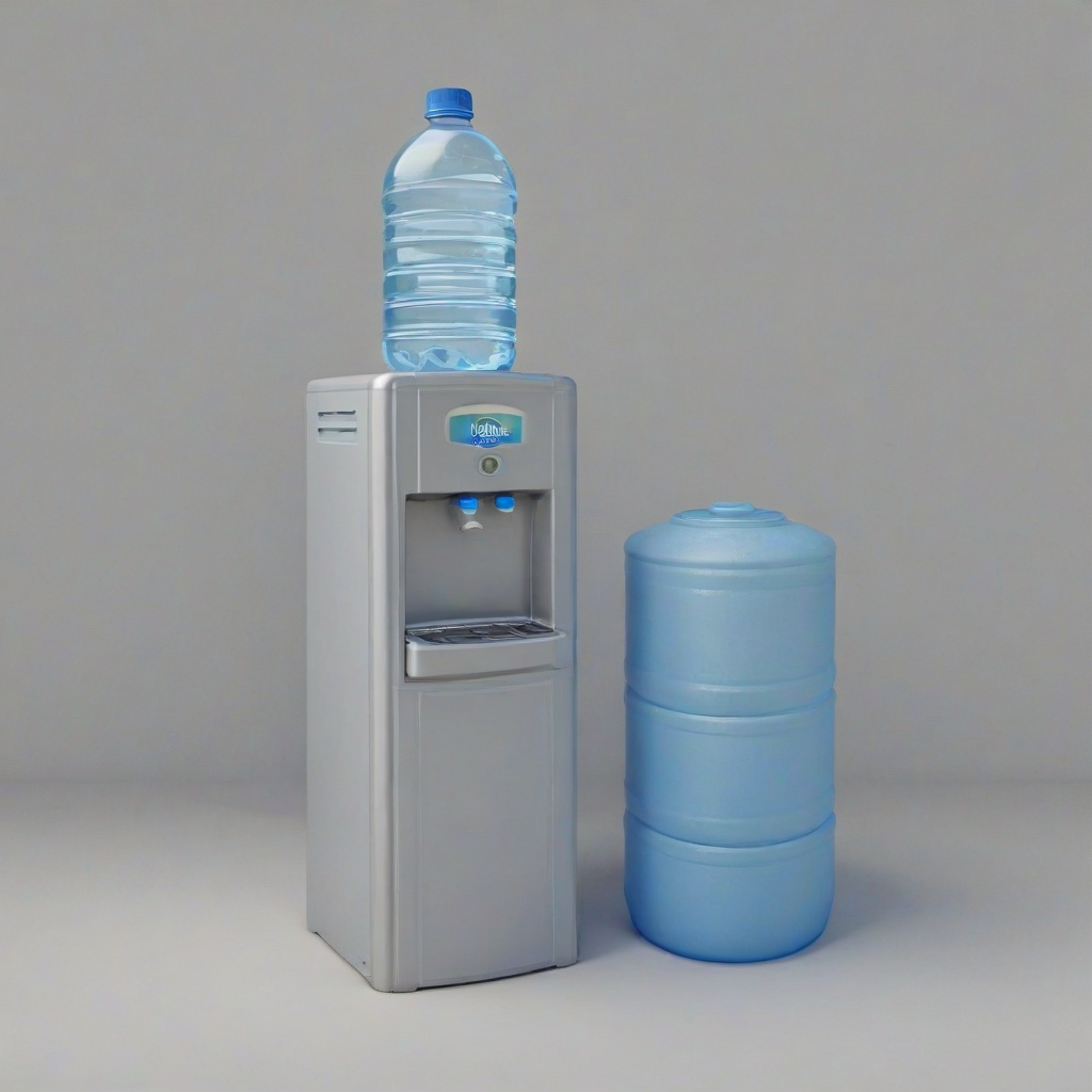 3d cartoon animation of a water cooler with the 5 gallon bottle of water on top, on a plain white background, even lighting