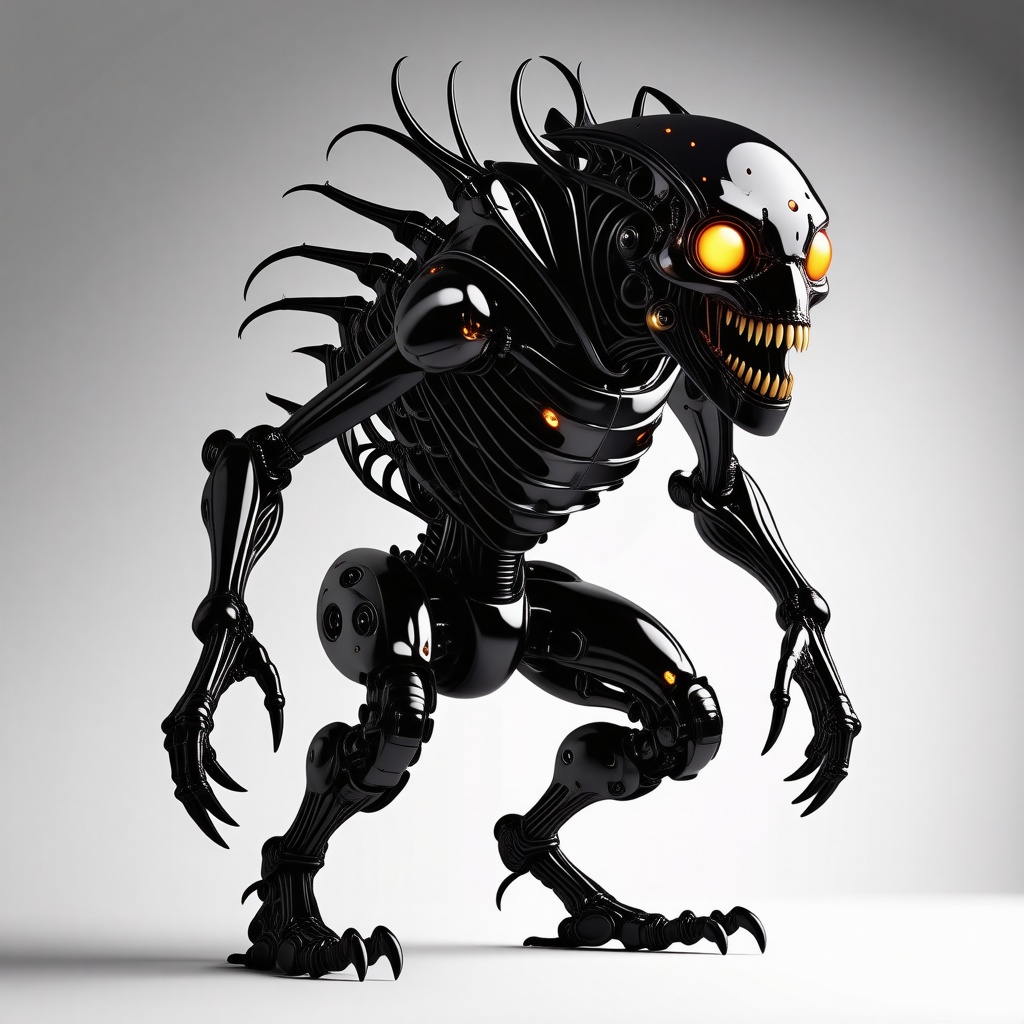 A full-body view of a unique, sci-fi monster, with amber-colored, glowing eyes and sharp teeth, set against a plain white background, in a wide shot, with a dark, ominous atmosphere, and intricate, biomechanical details, in a digital art style