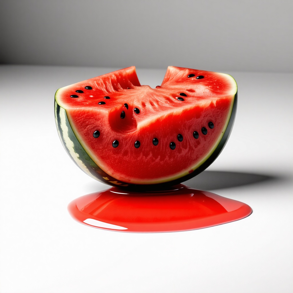 A watermelon cut open to reveal the red fruit inside with the black seeds, sitting in a small puddle of light red watermelon juice, full-body view, on a plain white background, with natural light, and a slight sheen to the fruit, digital illustration style