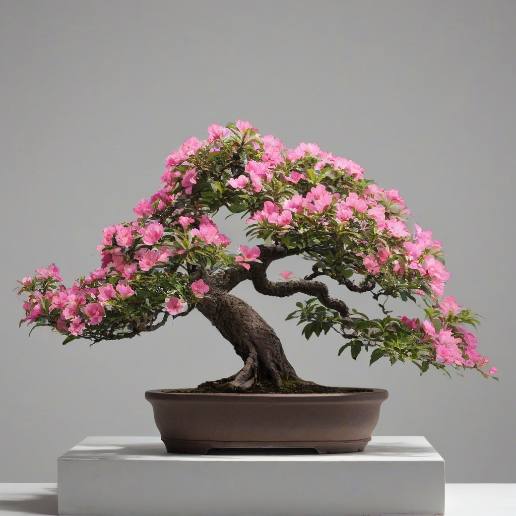 bonsai tree with pink flowers, on a plain white background, even lighting 