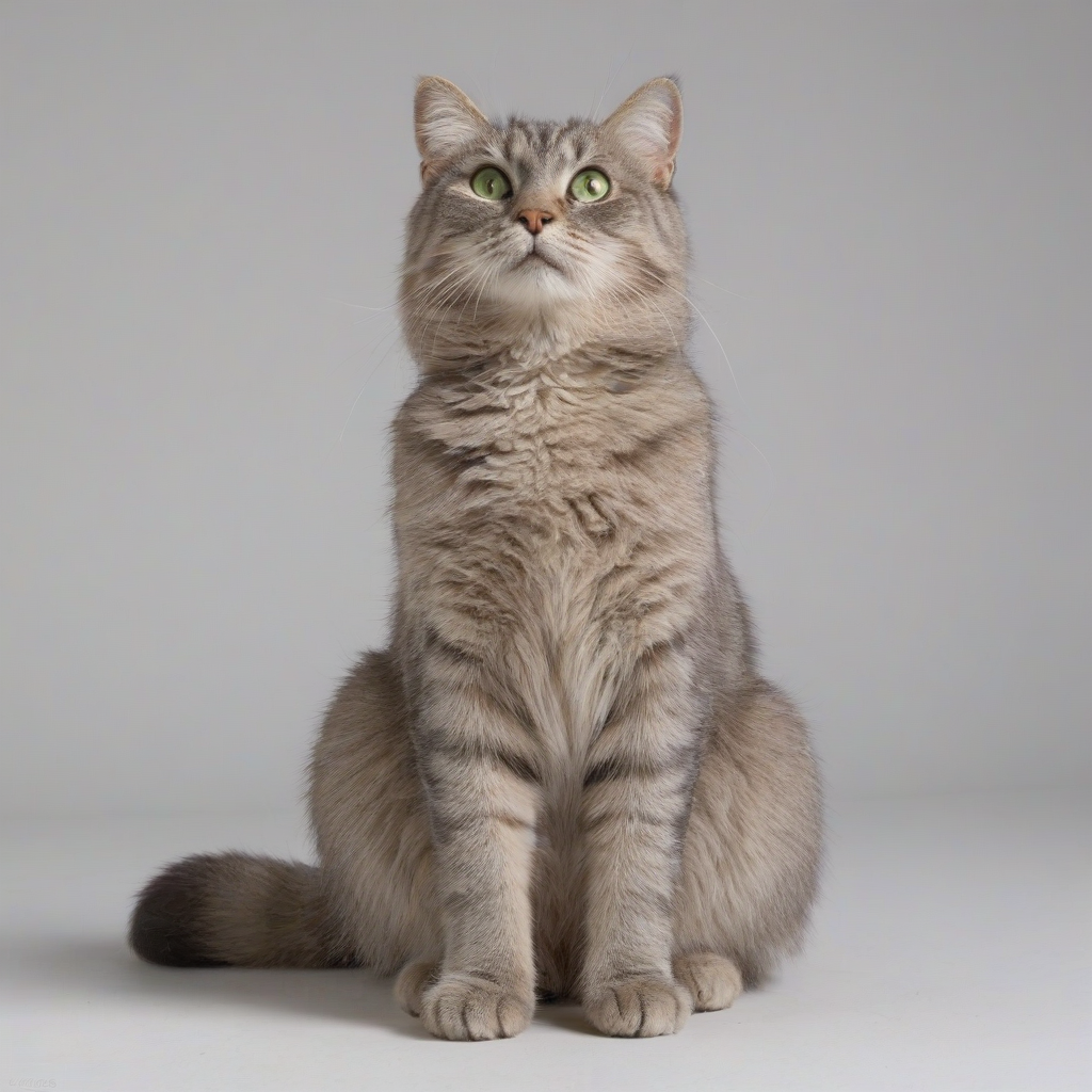 A photorealistic, hyperrealistic full-body view of a pet cat, Plum, with short, fluffy grey fur and bright green eyes, sitting on a plain white background, with soft, natural lighting and subtle shadows, in a wide-angle shot, with all four paws and tail visible, in a calm and serene pose, on a plain white background, even lighting 