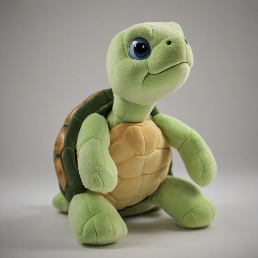 cute stuffed animal turtle, full-body view, on a plain white background, warm lighting, on a plain white background, even lighting 