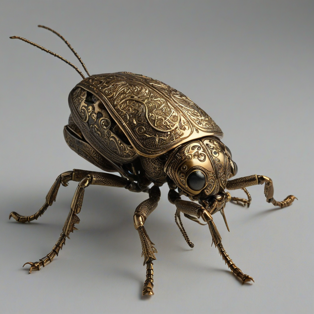 A highly detailed, full-body view of a bronze insect, such as a beetle or a grasshopper, with intricate Rococo-style etchings and patterns on its exoskeleton, set against a plain white background, with a warm, golden light shining down on it, accentuating the metallic sheen of the bronze, in a wide shot, with the insect's legs and antennae clearly visible, on a plain white background, even lighting