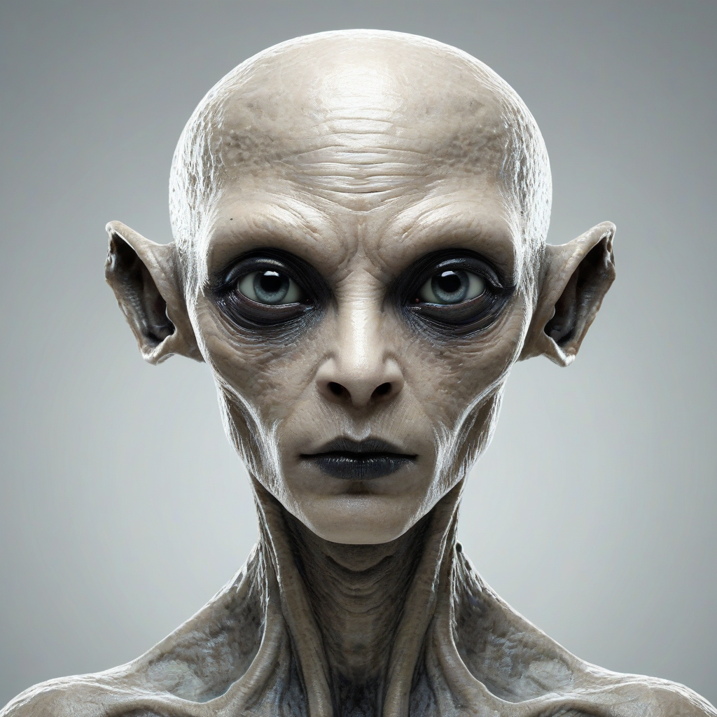 Extraterrestrial head, with large black eyes, on a plain white background, even lighting
