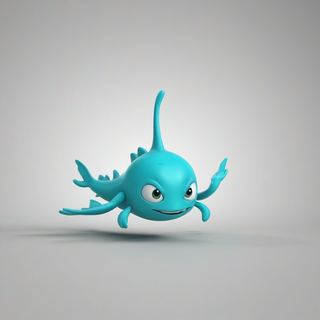 A cartoon, cyan, underwater creature, full-body view, on a plain white background, with a wide shot, and dynamic shadows, in the style of a digital illustration