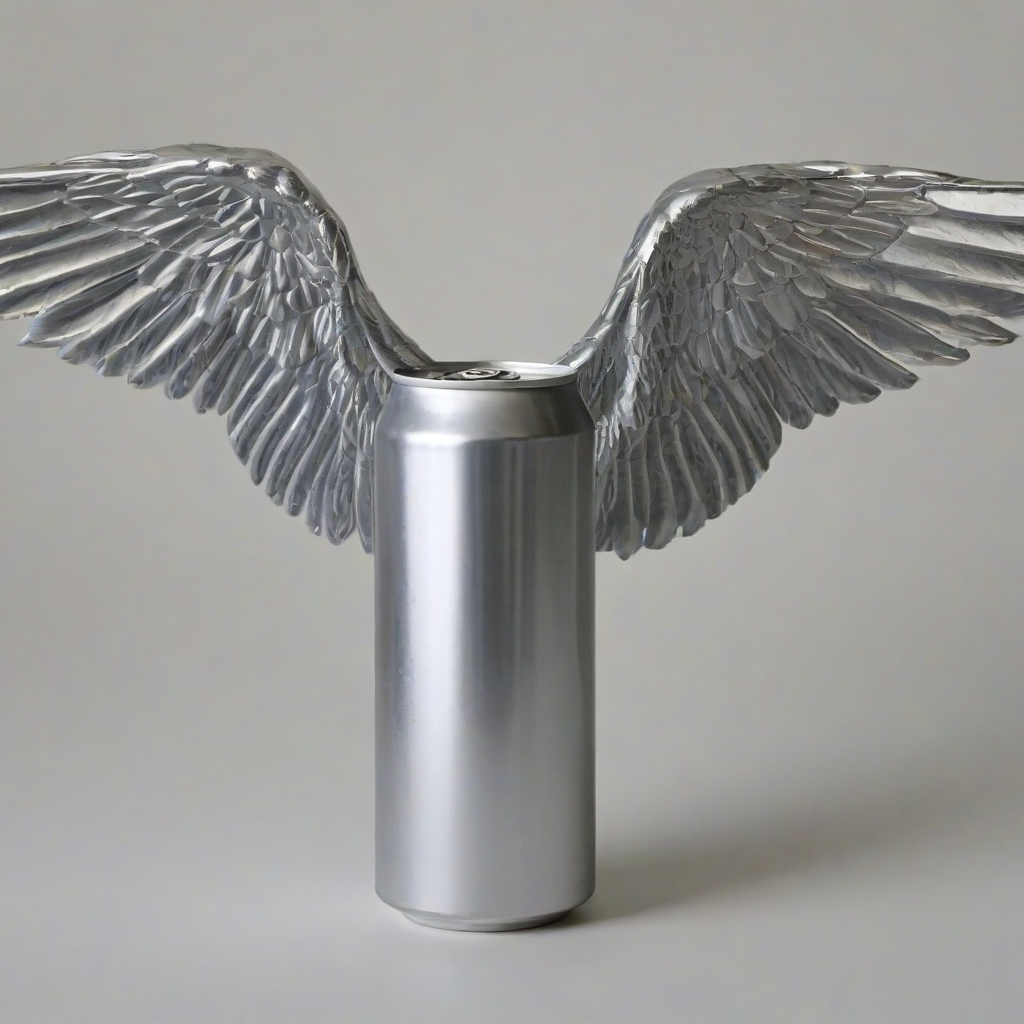 aluminum soda can with wings attached to it, bright lighting, on a plain white background, even lighting