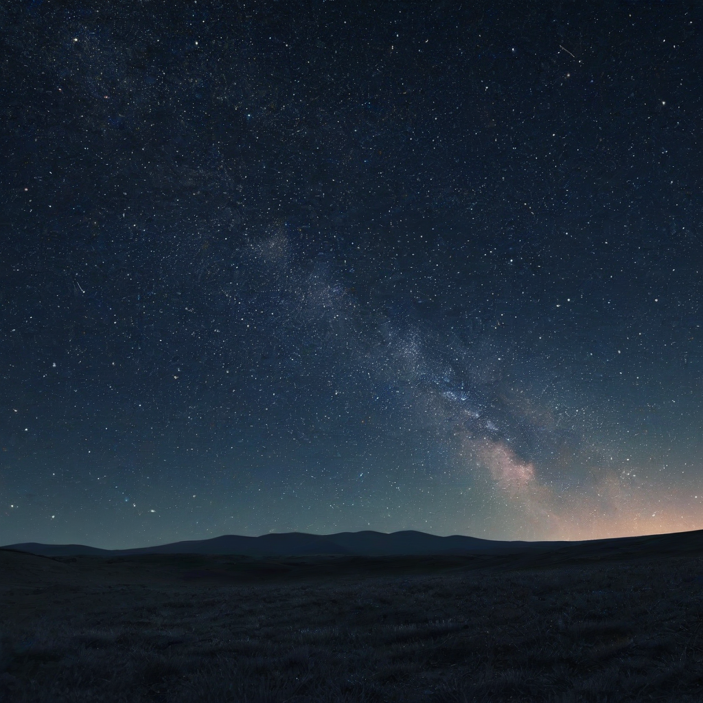 A starry night sky, scattered stars,  wide shot, with visible horizon, in a digital art style, with dynamic shadows and a hard rim light
