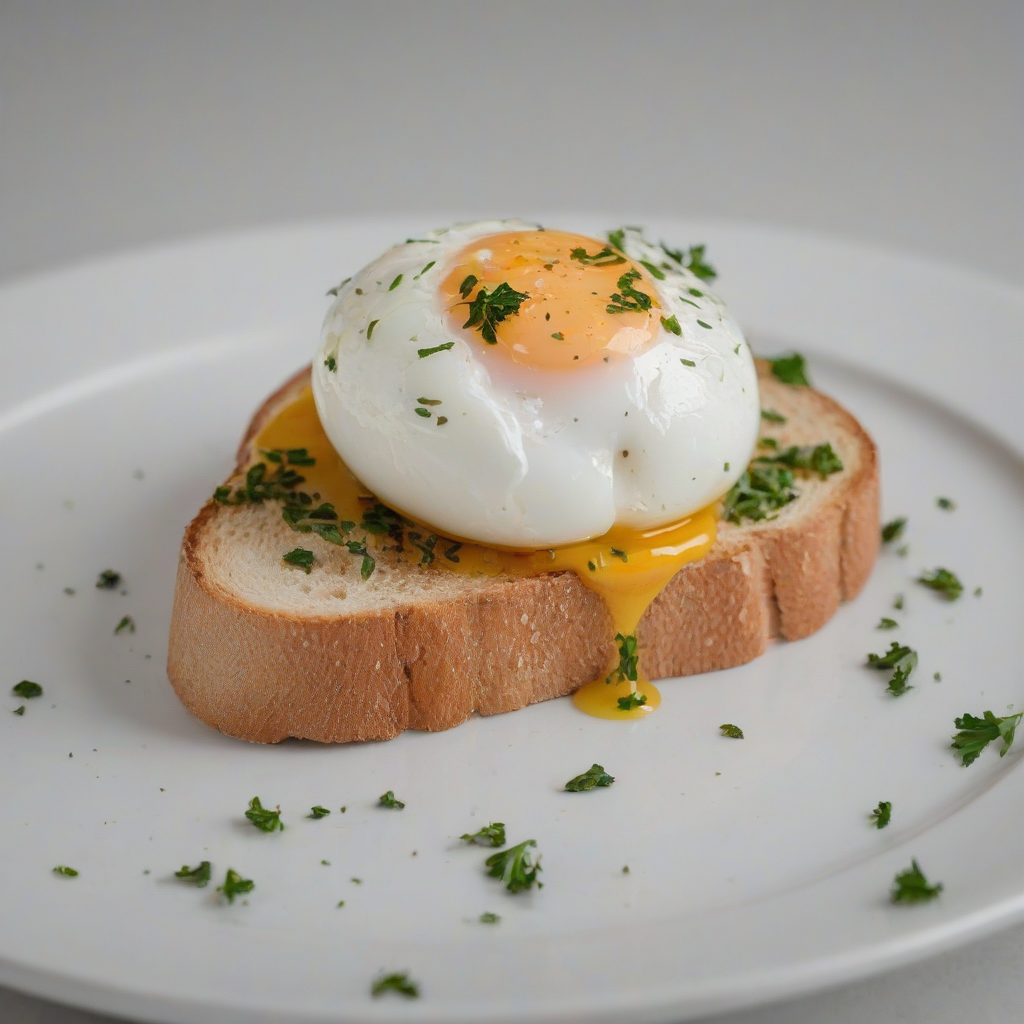 A full-body view of a poached egg oozing on a piece of toast, with chopped parsley sprinkled on top, on a plain white background, in a wide shot, with a soft, natural light and a slight depth of field to blur the background, in a photography style, on a plain white background, even lighting 