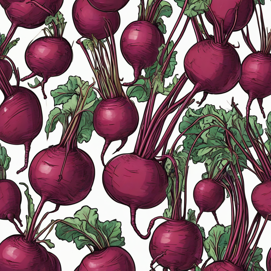 A colorful bunch of beets in a cartoon style, with bold lines, vibrant colors, and exaggerated features, in a full-body view with the roots visible, on a plain white background, in the style of a digital illustration, on a plain white background, even lighting 
