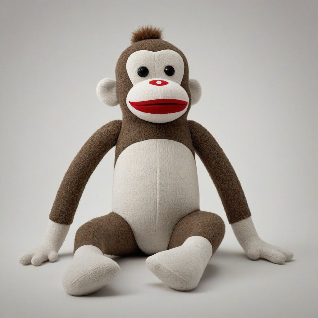 A brown and white stuffed sock monkey, full-body view, on a plain white background, with a sweet expression, made of soft fabric, and having a endearing face, a red mouth, in a wide shot, with visible feet and hands, in a digital art style, with subtle shading and texture, on a plain white background, even lighting 