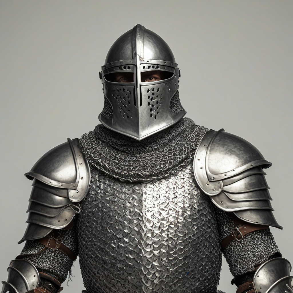 view from the shoulders up of knight wearing armor with scales on the armor, made of metal, full helmet, chain mail, looking into the camera, bright lighting, on a plain white background, even lighting, visible legs