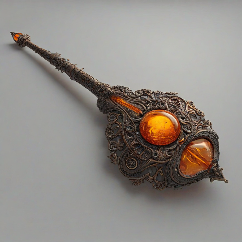 A dark fantasy-themed, ornate, magic wand with intricate carvings, in the center of a plain white background, full-body view, wide shot, with a dominant orange color scheme, bright and even lighting, in a digital art style, with a sense of mystery and foreboding, fully visible, on a plain white background, even lighting