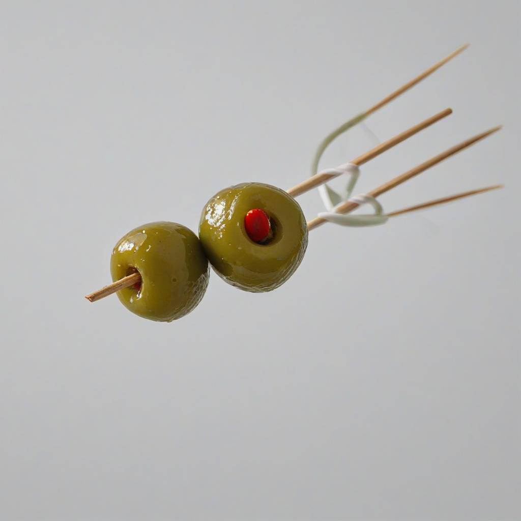 a skewer with green olives on a plain white background, even lighting, with red pimentos inside the olives