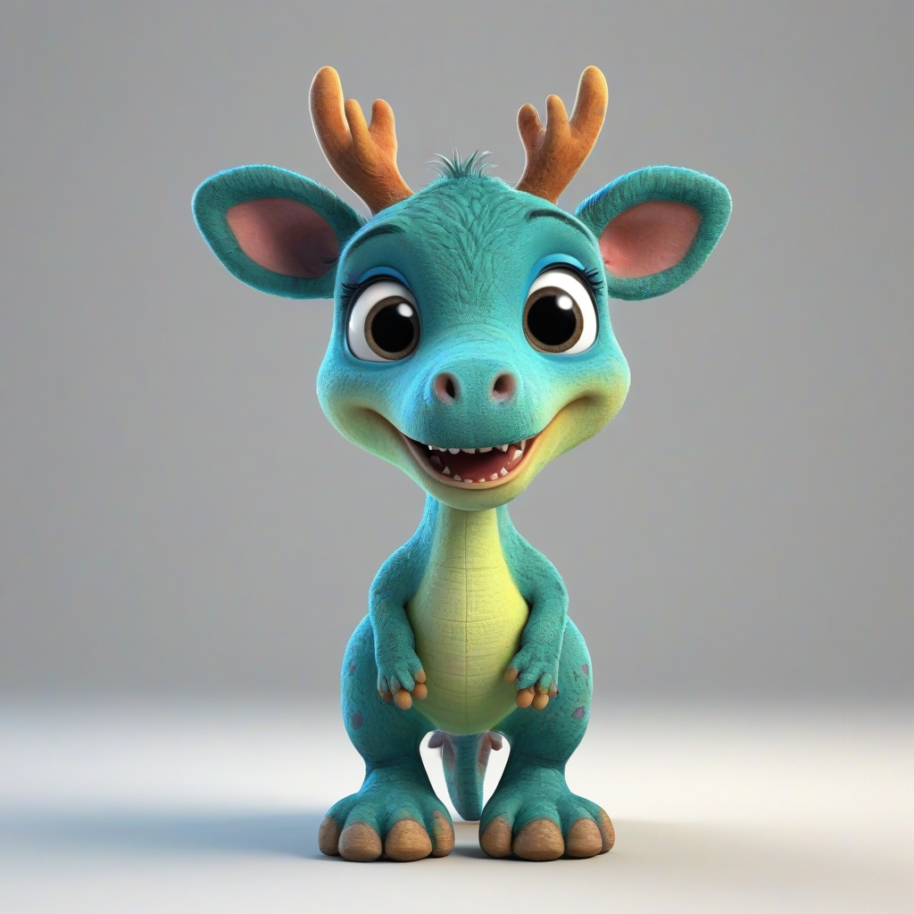 3d cartoon animation, one animal that has a mix of a baby dinosaur and a baby moose, bright and vivid colors, large eyes, short body, round features, tiny nose, tiny feet, cute, happy expression on its face, only one in the shot, full body visible, on a plain white background, even lighting