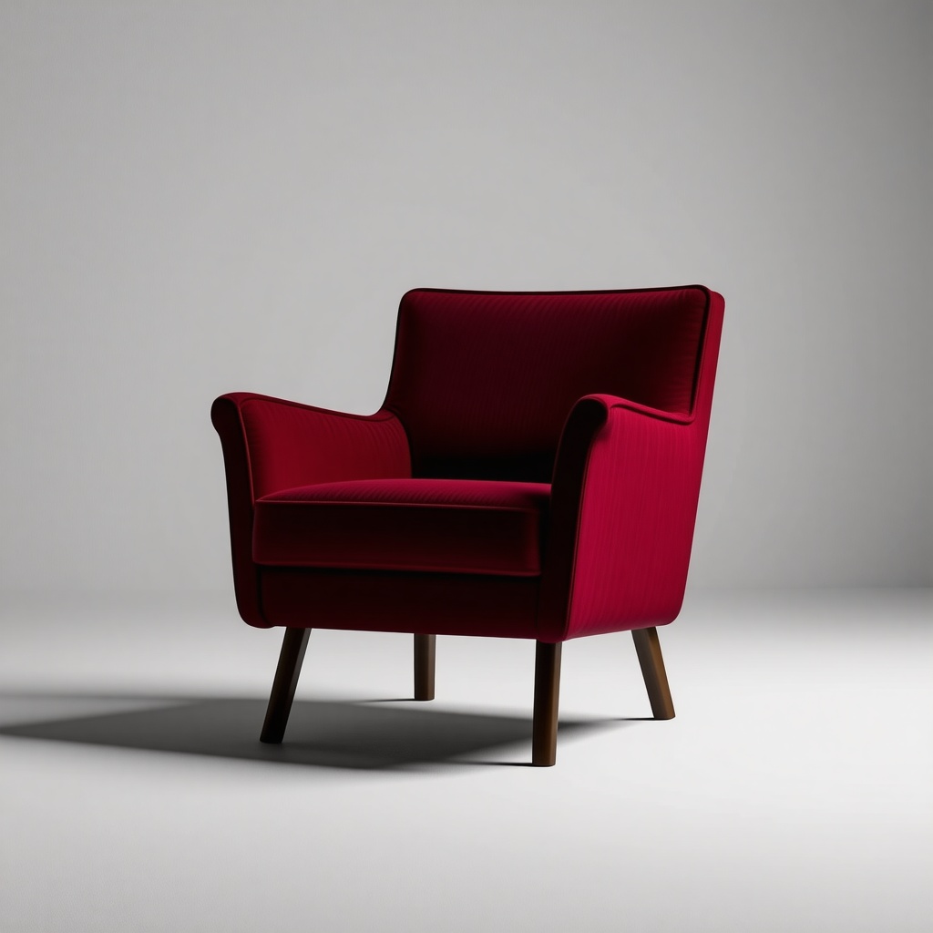 A wide shot of a brutalist-style maroon armchair with a sturdy, geometric base and a cushioned seat, set against a plain white background, with dramatic shadows and a sense of industrial chic, in the style of a digital illustration