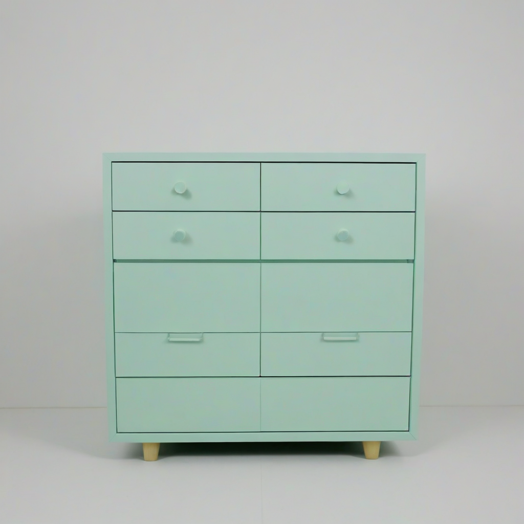 Modernist mint green chest, wide shot, plain white background, full-body view, simple lines, minimalist design, on a plain white background, even lighting 