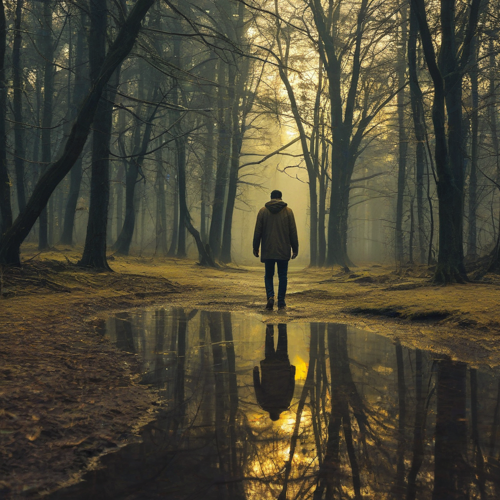 A man walking towards a mystical forest, on the ground behind him is a large puddle, his reflection is visible in the puddle, the reflection is glowing with a soft, ethereal yellow light while the man looks ordinary, with a hint of a mystical aura surrounding him