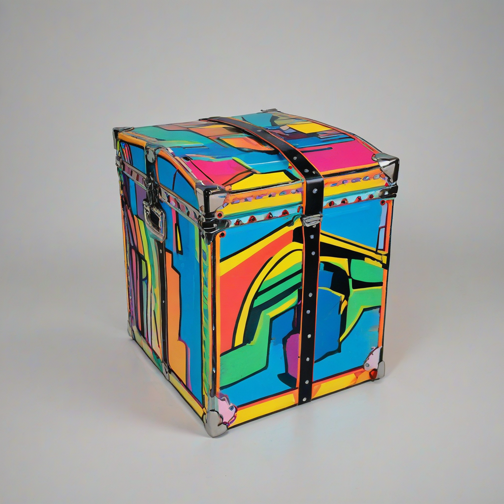 A pop art style trunk with bold black lines and vibrant, bright colors, in a wide-angle shot on a plain white background, under direct, even, and strong lighting., on a plain white background, even lighting