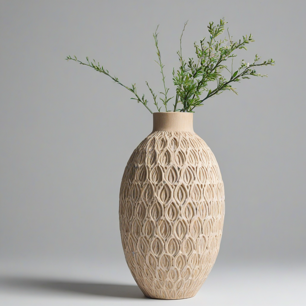 light natural wood colored, textured vase, on a plain white background, even lighting