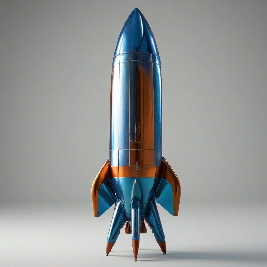 A full-body view of a vintage blue steel rocket, with a metallic sheen, standing upright on a plain white background, with a wide shot to capture the entire rocket from nose to fins, in a digital art style with bold lines and vibrant colors, with dynamic shadows and a sense of depth, and a bright backlight to accentuate the rocket's curves, on a plain white background, even lighting 
