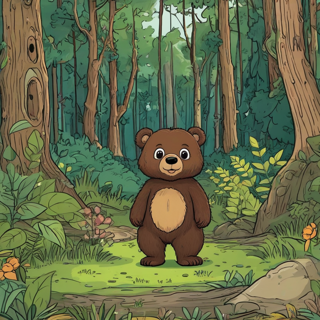Cartoon baby bear in a cartoon forest