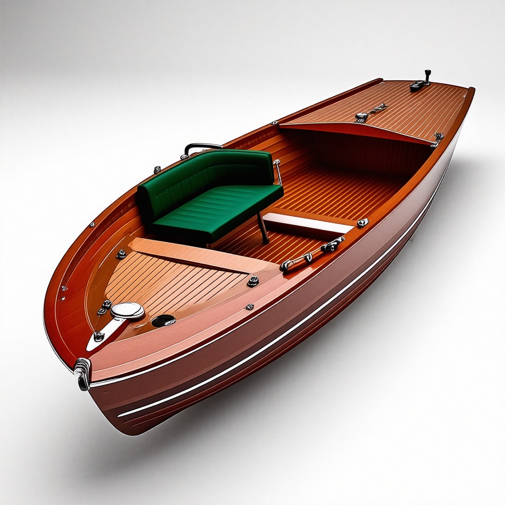 wood runabout craftsman motor boat with green bench seats