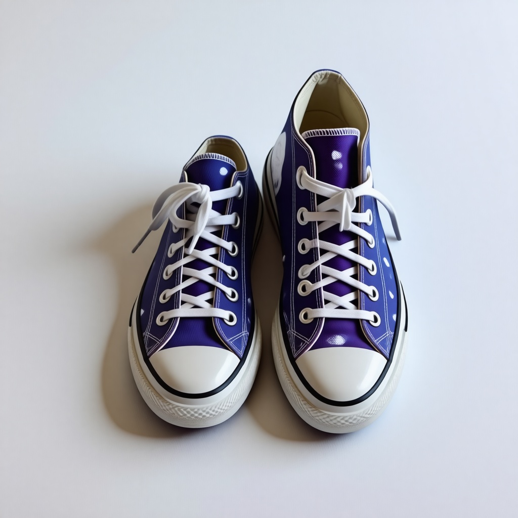 A pair of blue and purple spotted Converse shoes