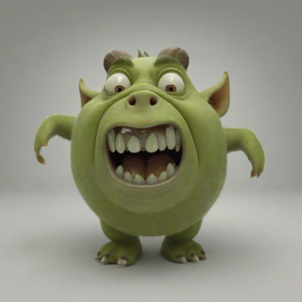 animation style, olive green ogre, with a pig nose, big pointy ears, large fangs, rounded features, kid friendly, on a plain white background, even lighting