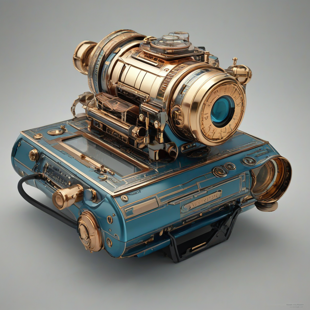 A intricately detailed, retro-futuristic gadget, named Sapphire, with a Dieselpunk aesthetic, featuring brass and copper accents, with a wide-angle view of the entire device on a plain white background, with soft, warm lighting and dynamic shadows, in a digital art style, with a sense of nostalgia and industrial elegance, full-body view, with all components visible, and a slight sheen to the metallic surfaces, on a plain white background, even lighting