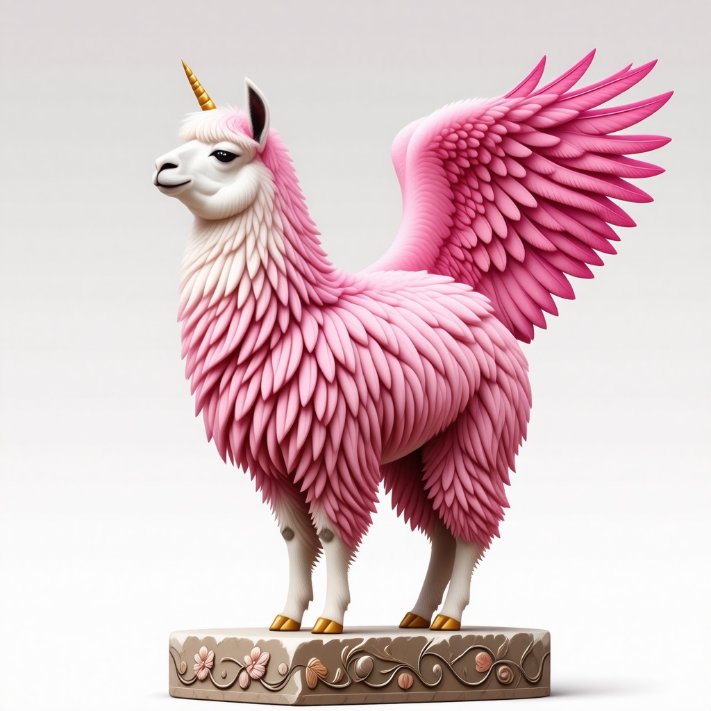 A llama with fluffy and curly fuscia fur, large pink angel wings, golden hooves, wide eyes, and a golden unicorn horn standing on a worn down stone platform engraved with images of flowers and vines
