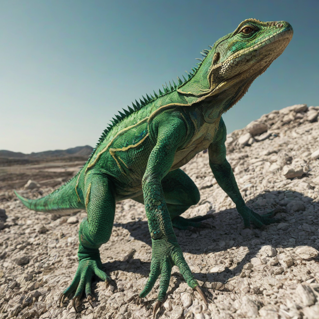 A full-body view of a vibrant, emerald-green, mutated lizard standing on a barren, rocky landscape in a post-apocalyptic world, with a wide-angle shot, dramatic backlight, and dynamic shadows, in a digital art style with intricate details, on a plain white background, on a plain white background, even lighting