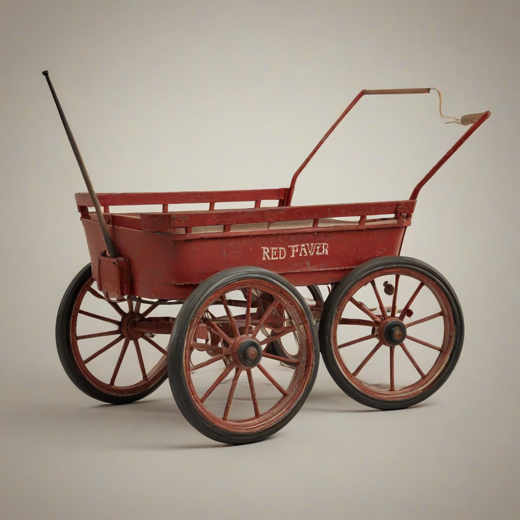 A detailed, antique red Radio Flyer wagon, with a full-body view, wide shot, and feet visible, on a plain white background, with a warm, nostalgic lighting, and a slight worn, vintage texture, in a realistic, high-definition, digital art style, on a plain white background, even lighting 