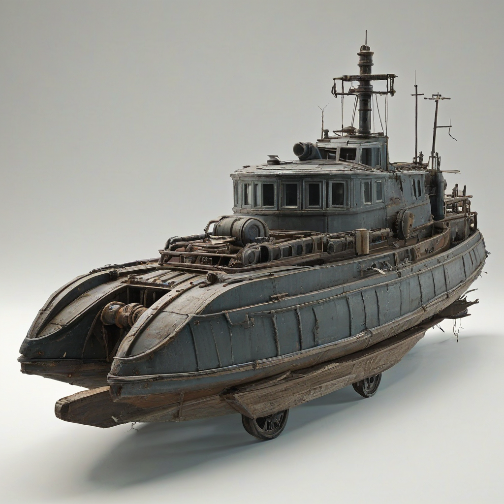dieselpunk boat, on a plain white background, even lighting