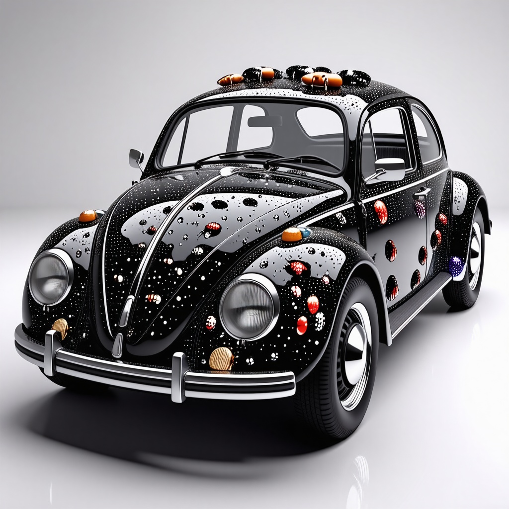 A Volkswagen Beatle covered with shiny beatles