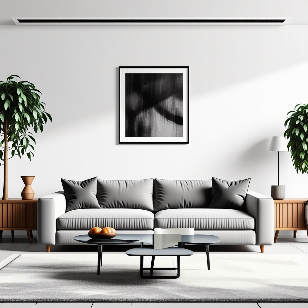 front view of a mid century modern living room design